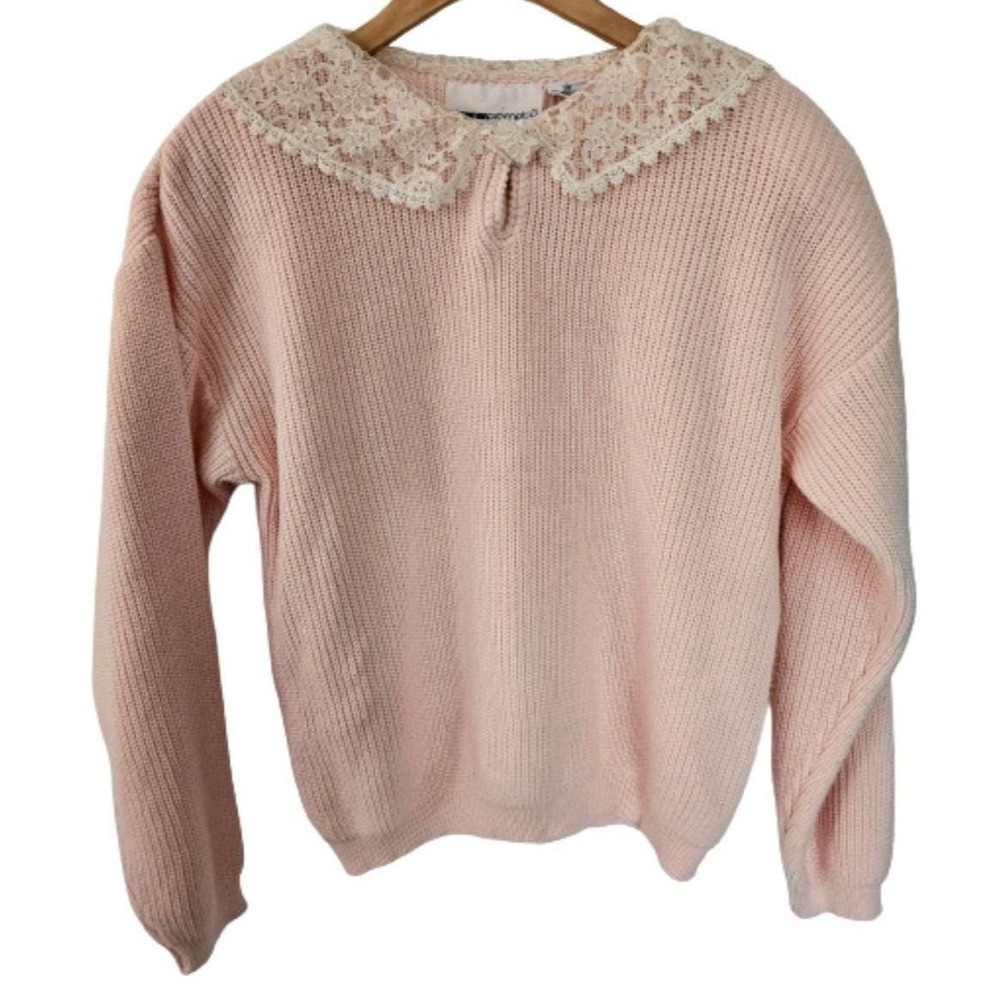 80s Vintage Impromptu Pastel Pink Lace Collar Sweater Women 36 Coquette Rib Knit